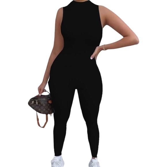 LUFENG Black Bodycon Sleeveless Back Zip Jumpsuit Women’s Size Small - Picture 1 of 11